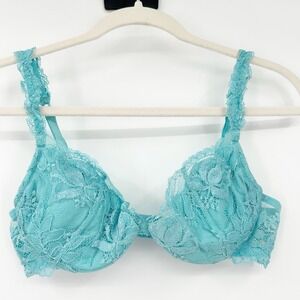 La Perla Vintage Lingerie Coquette Plunge Lace Underwire Bra Size 36B Turquoise